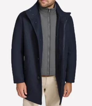 Palm Knit Wool Blend Twill Navy Blue Coat